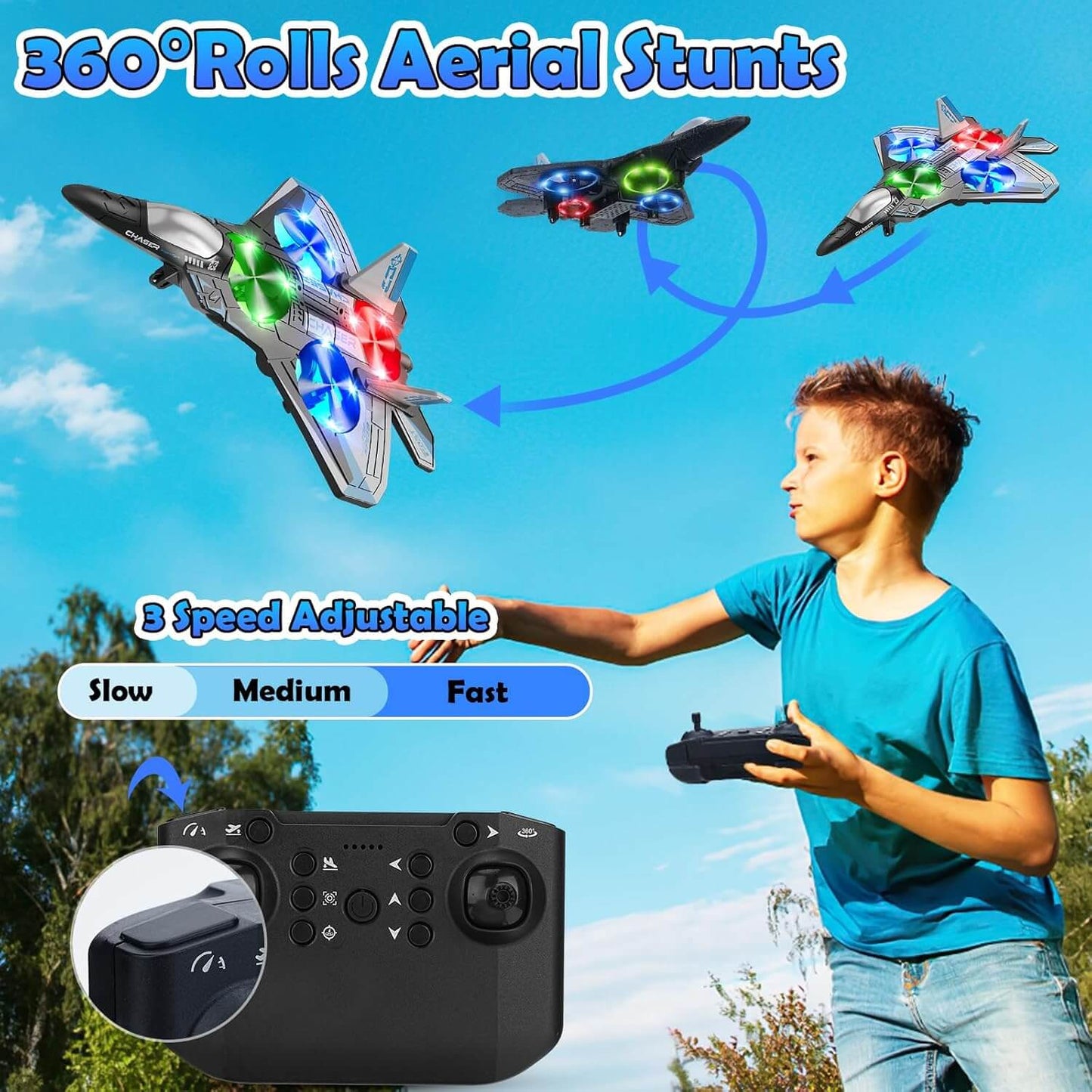 V-17 RC Stunt Fighter Jet - LED Lights & 360° Spin